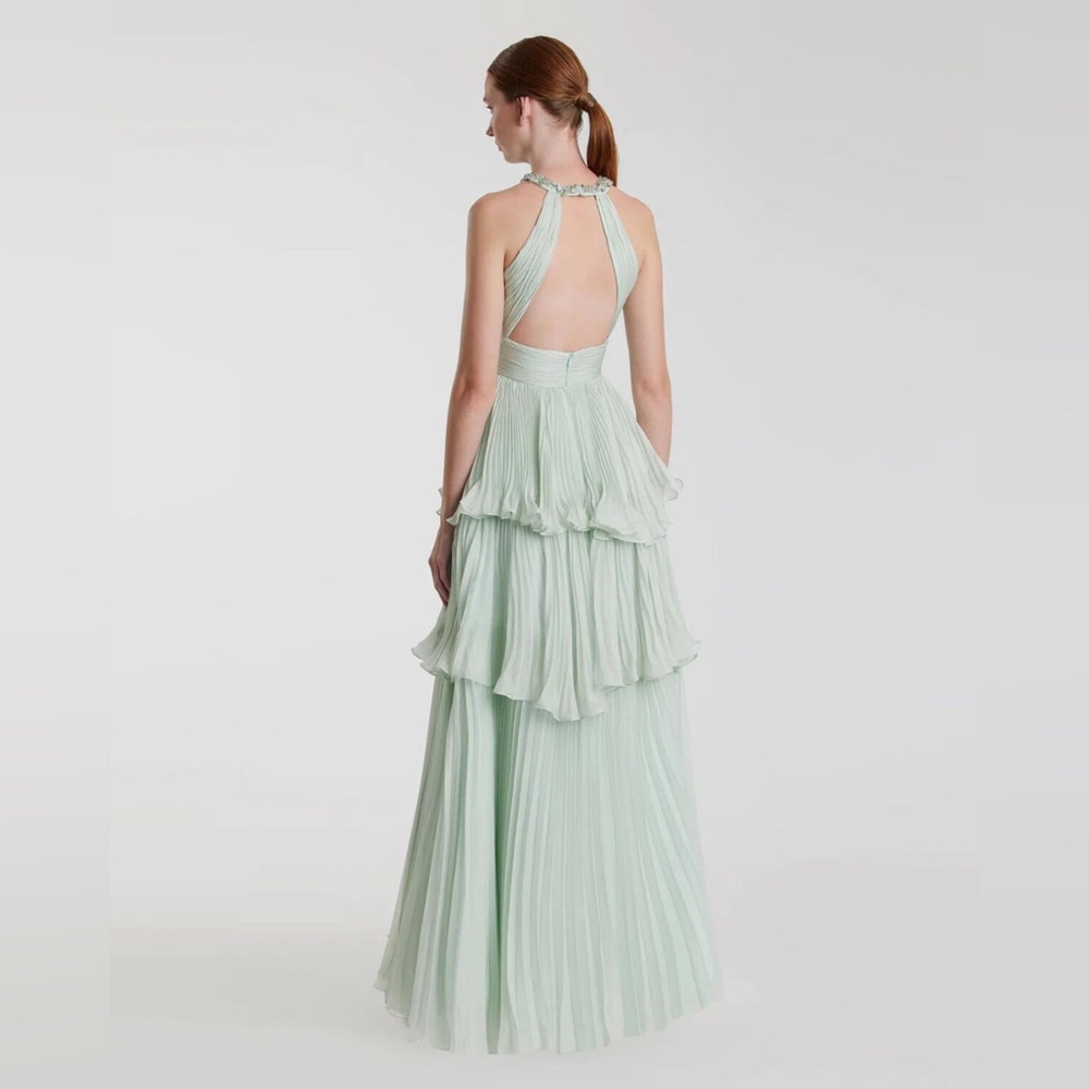 Mac Duggal Green High Neck Chiffon Tiered Gown with Cutout 49835 Mint sz 6 NWT - Picture 2 of 10